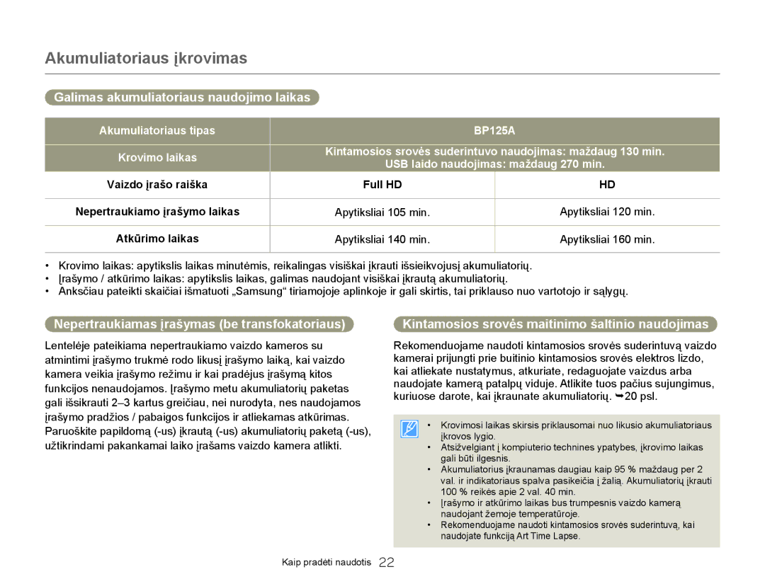 Samsung HMX-Q20BP/EDC manual Galimas akumuliatoriaus naudojimo laikas, Nepertraukiamas įrašymas be transfokatoriaus 