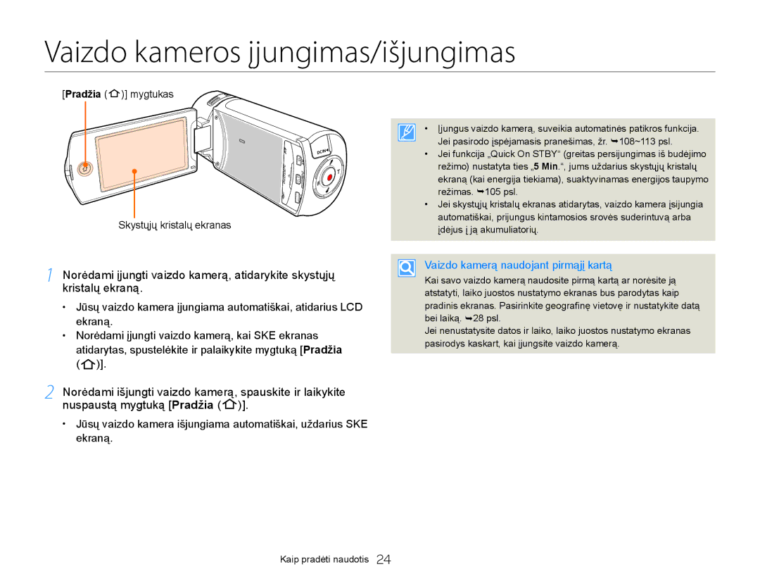 Samsung HMX-Q20BP/EDC manual Vaizdo kameros įjungimas/išjungimas, Pradžia mygtukas Skystųjų kristalų ekranas 