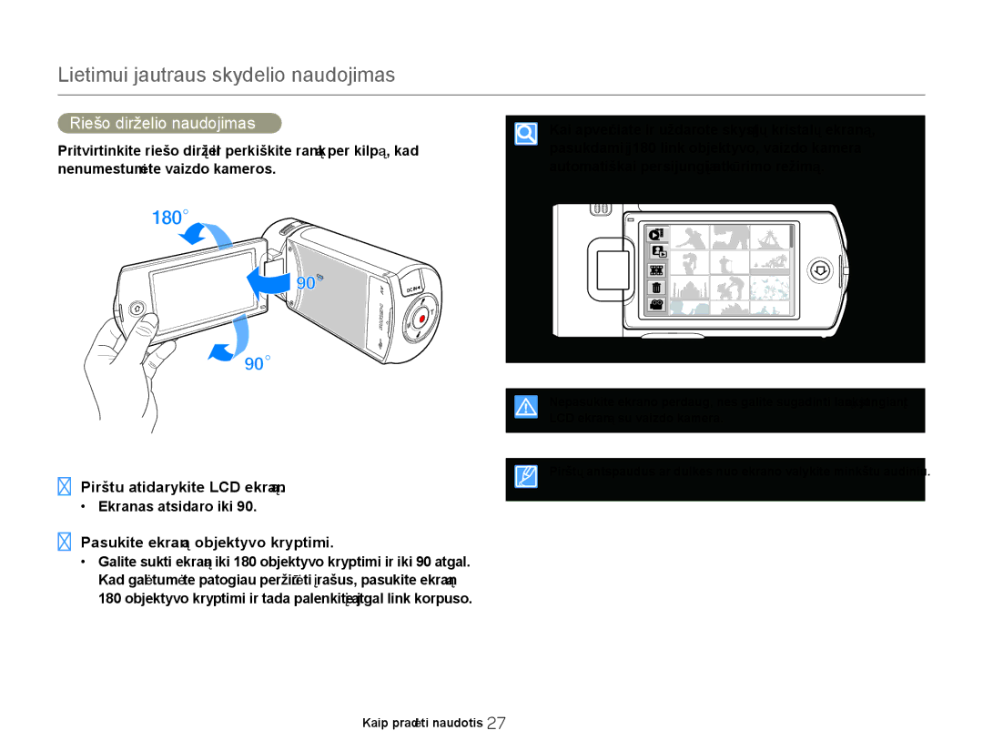 Samsung HMX-Q20BP/EDC manual Riešo dirželio naudojimas, Pirštu atidarykite LCD ekraną, Pasukite ekraną objektyvo kryptimi 