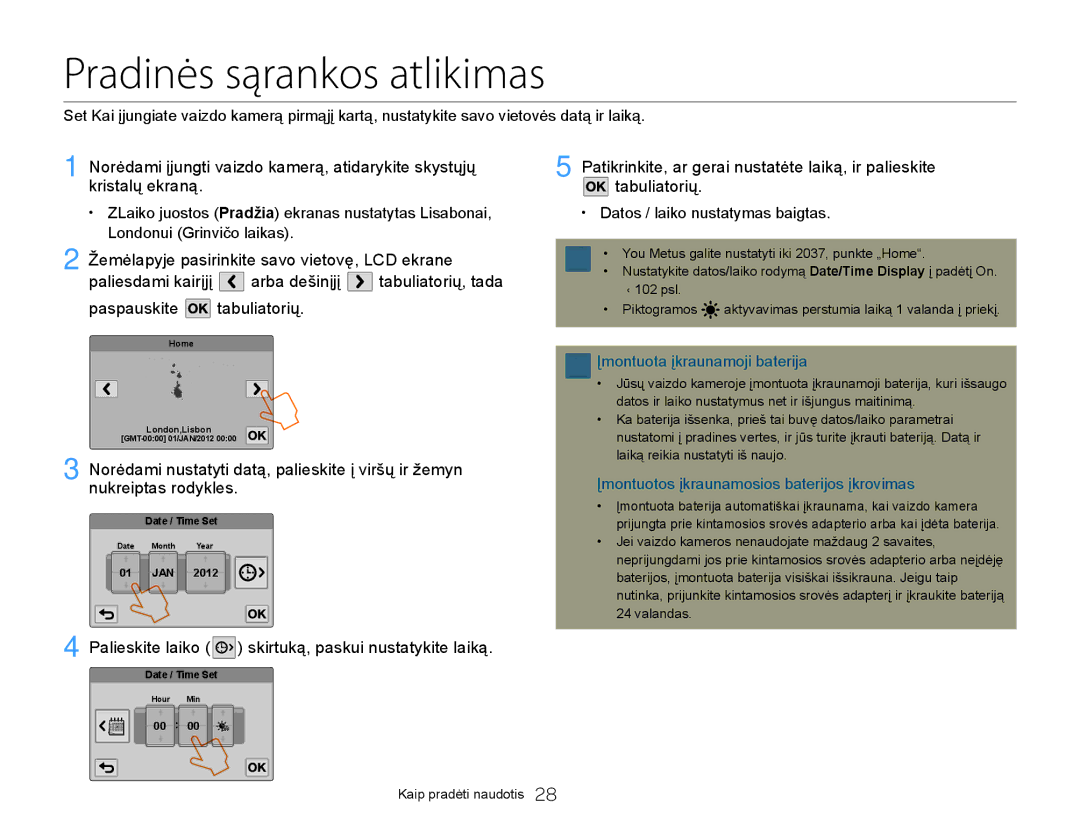 Samsung HMX-Q20BP/EDC manual Pradinės sąrankos atlikimas, Palieskite laiko skirtuką, paskui nustatykite laiką 