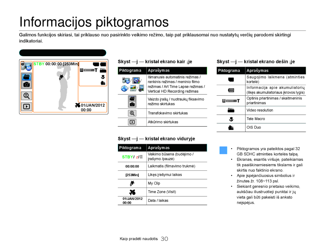 Samsung HMX-Q20BP/EDC manual Informacijos piktogramos, Vaizdo įrašų fiksavimo režimas, Skystųjų kristalų ekrano kairėje 