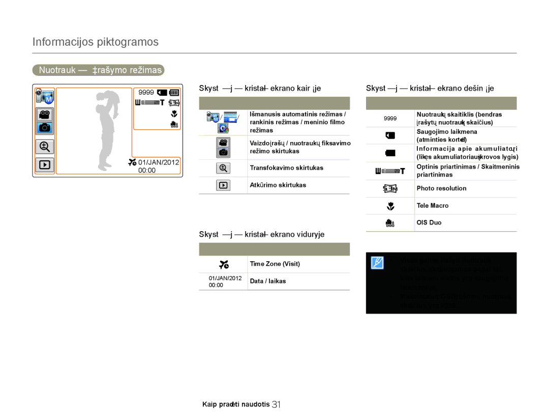 Samsung HMX-Q20BP/EDC manual Informacijos piktogramos, Nuotraukų įrašymo režimas 