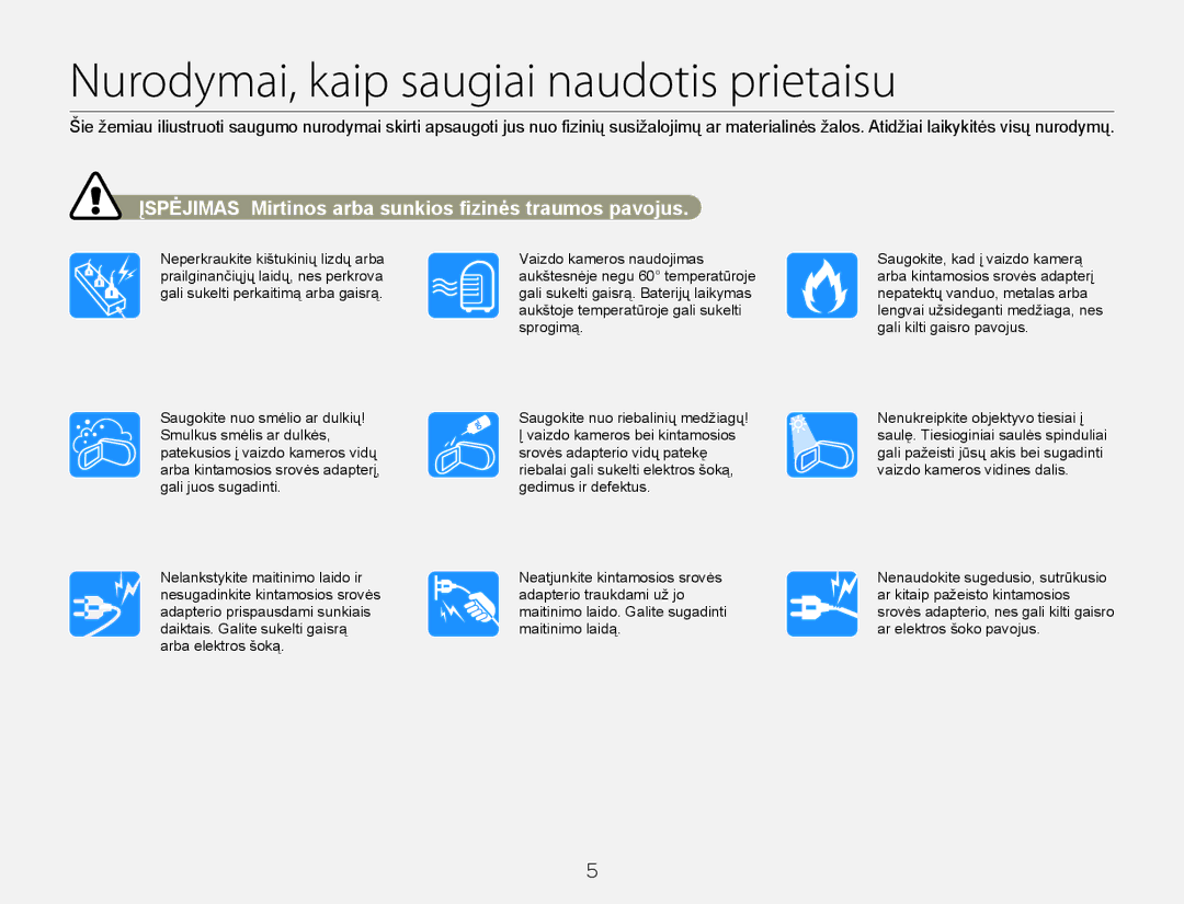 Samsung HMX-Q20BP/EDC Nurodymai, kaip saugiai naudotis prietaisu, Įspėjimas Mirtinos arba sunkios ﬁzinės traumos pavojus 