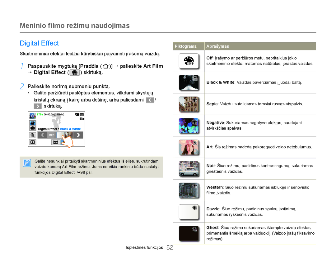 Samsung HMX-Q20BP/EDC manual Meninio filmo režimų naudojimas, Digital Effect skirtuką 