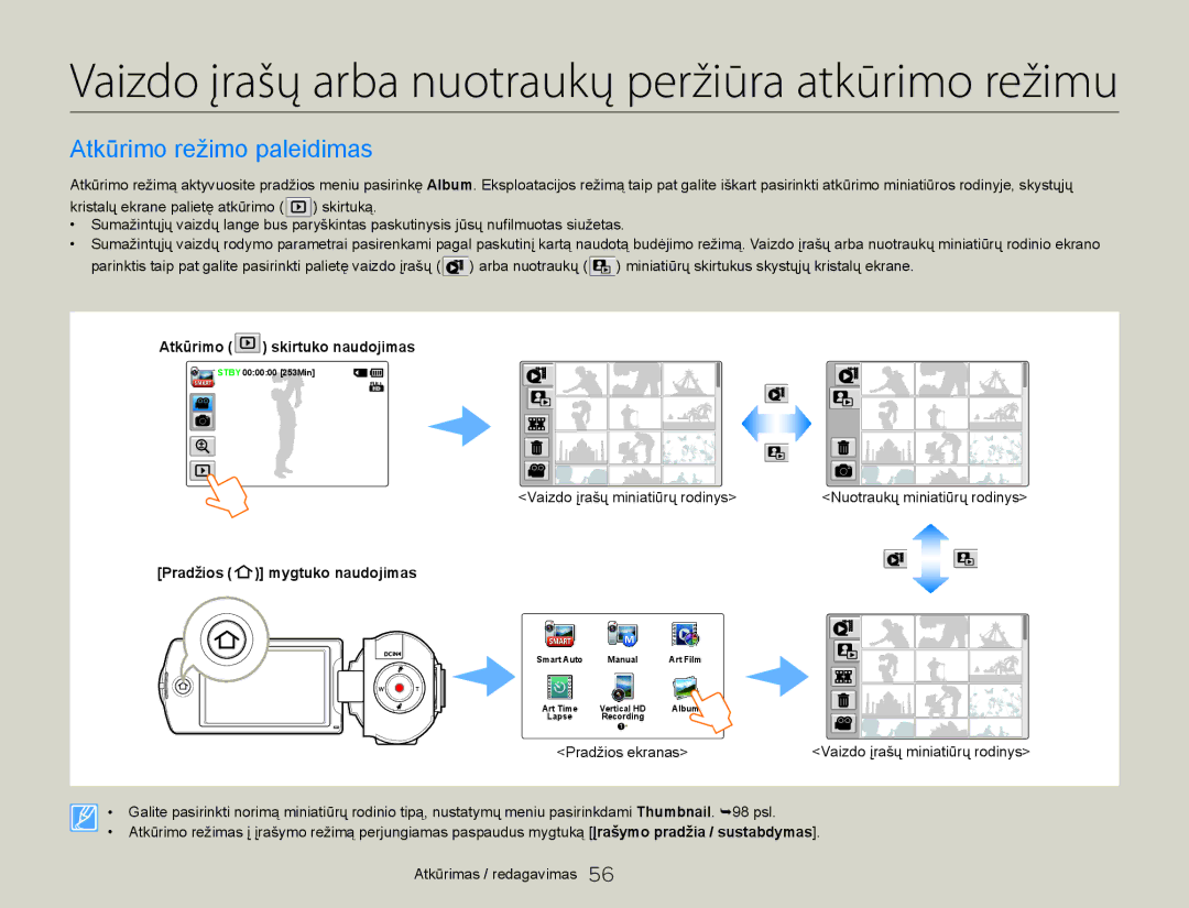 Samsung HMX-Q20BP/EDC manual Vaizdo įrašų arba nuotraukų peržiūra atkūrimo režimu, Atkūrimo režimo paleidimas 