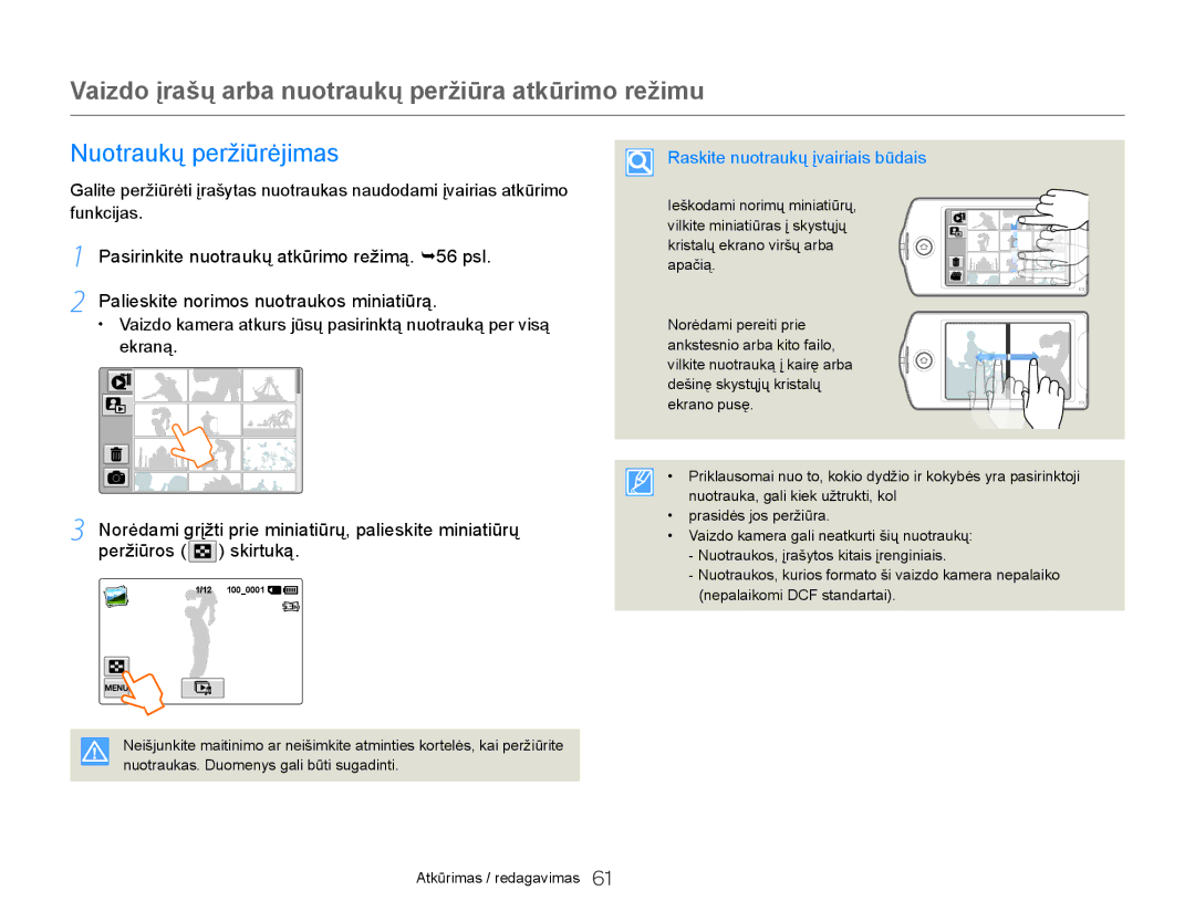 Samsung HMX-Q20BP/EDC manual Nuotraukų peržiūrėjimas, Raskite nuotraukų įvairiais būdais 