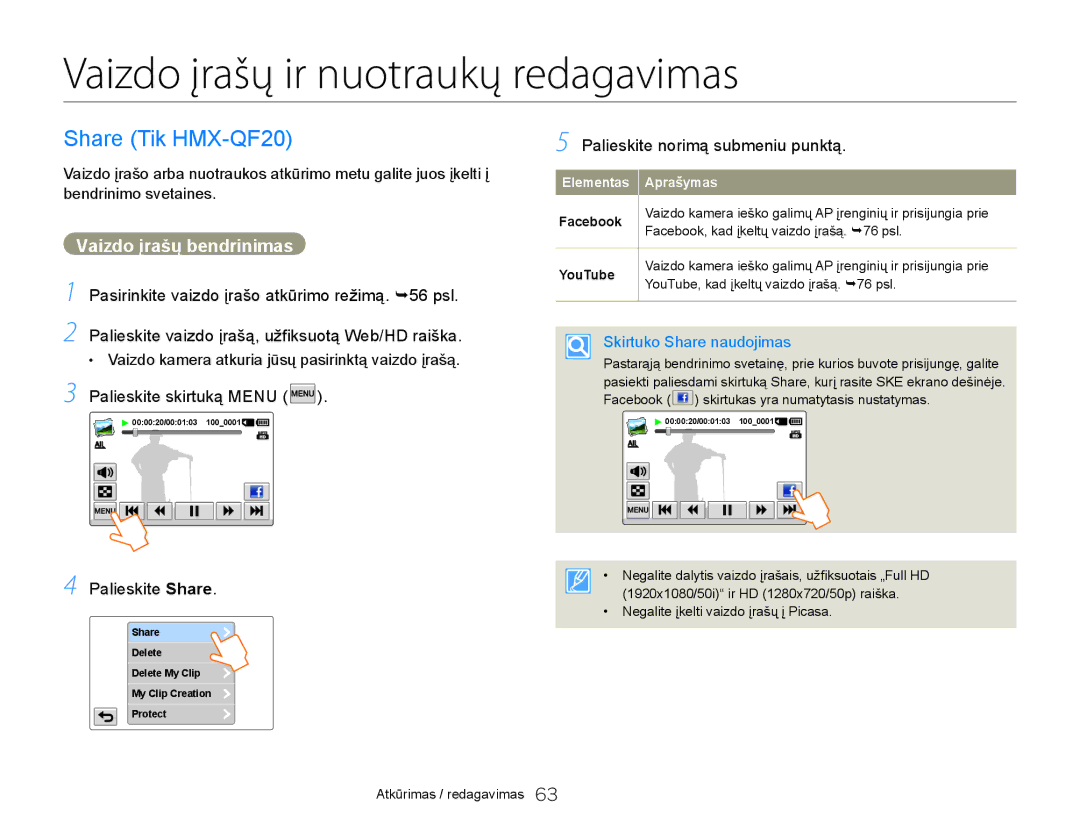 Samsung HMX-Q20BP/EDC manual Vaizdo įrašų ir nuotraukų redagavimas, Share Tik HMX-QF20, Vaizdo įrašų bendrinimas 