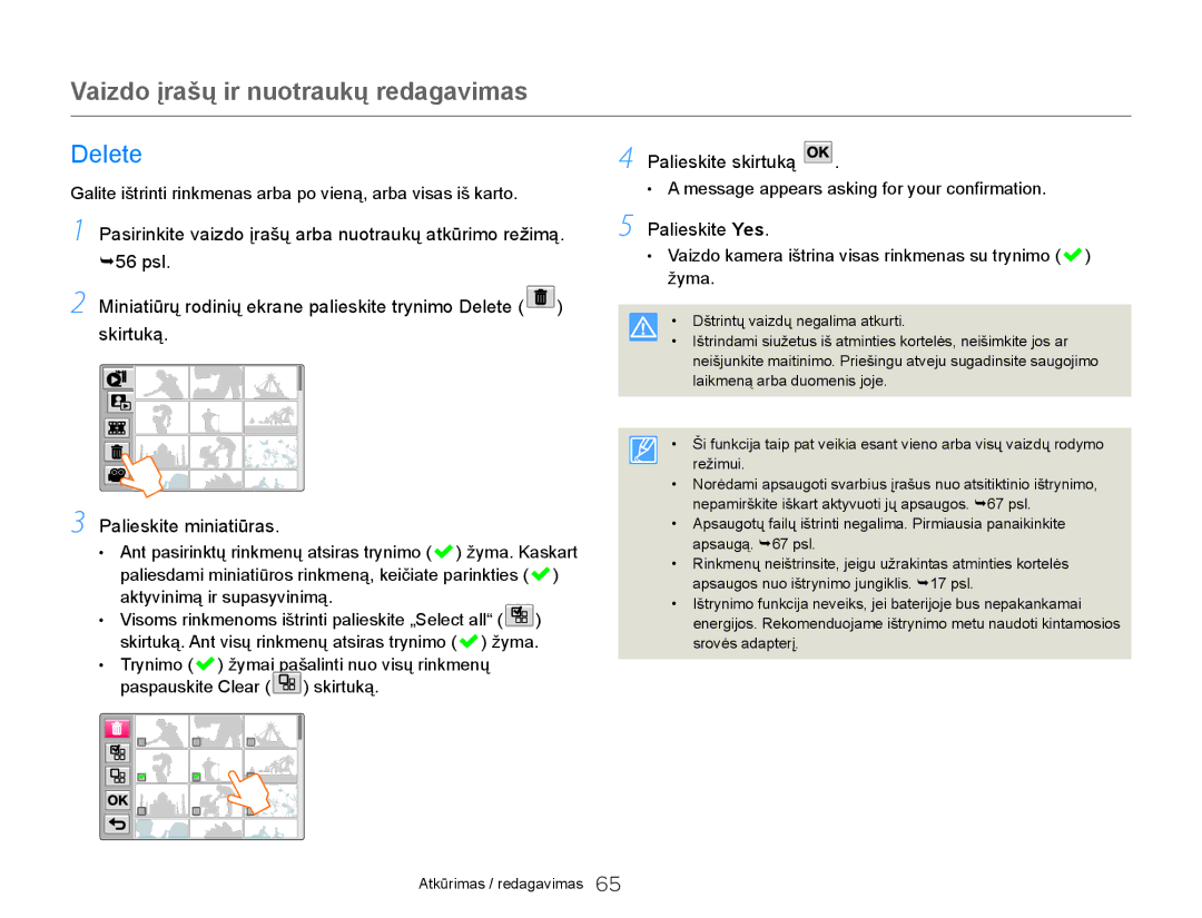 Samsung HMX-Q20BP/EDC manual Delete, Palieskite skirtuką, Palieskite miniatiūras 