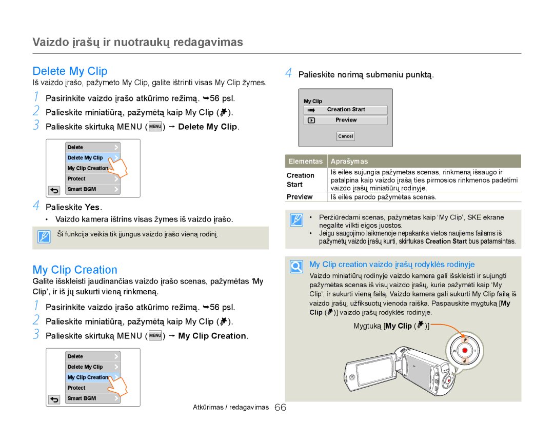 Samsung HMX-Q20BP/EDC manual Delete My Clip, My Clip Creation, Palieskite miniatiūrą, pažymėtą kaip My Clip 