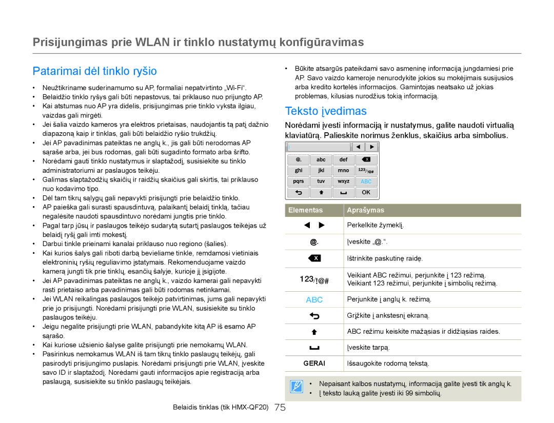 Samsung HMX-Q20BP/EDC manual Patarimai dėl tinklo ryšio, Teksto įvedimas 