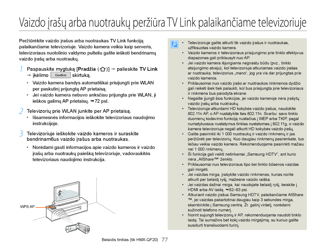 Samsung HMX-Q20BP/EDC manual Televizorių prie Wlan junkite per AP prietaisą 