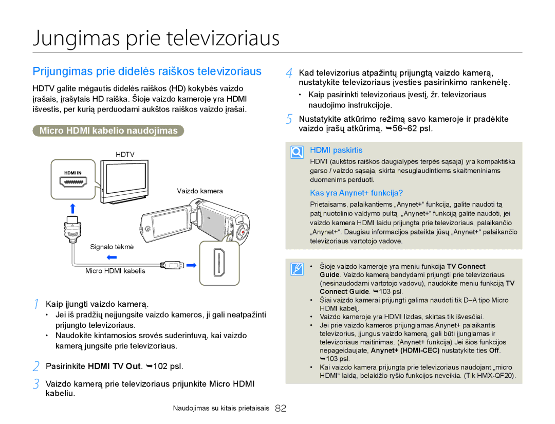 Samsung HMX-Q20BP/EDC manual Jungimas prie televizoriaus, Prijungimas prie didelės raiškos televizoriaus 