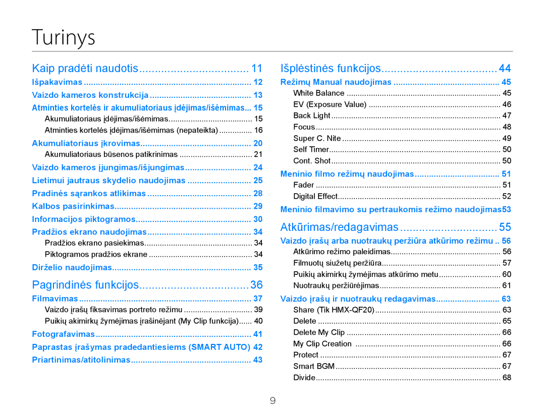 Samsung HMX-Q20BP/EDC manual Turinys, Kaip pradėti naudotis 