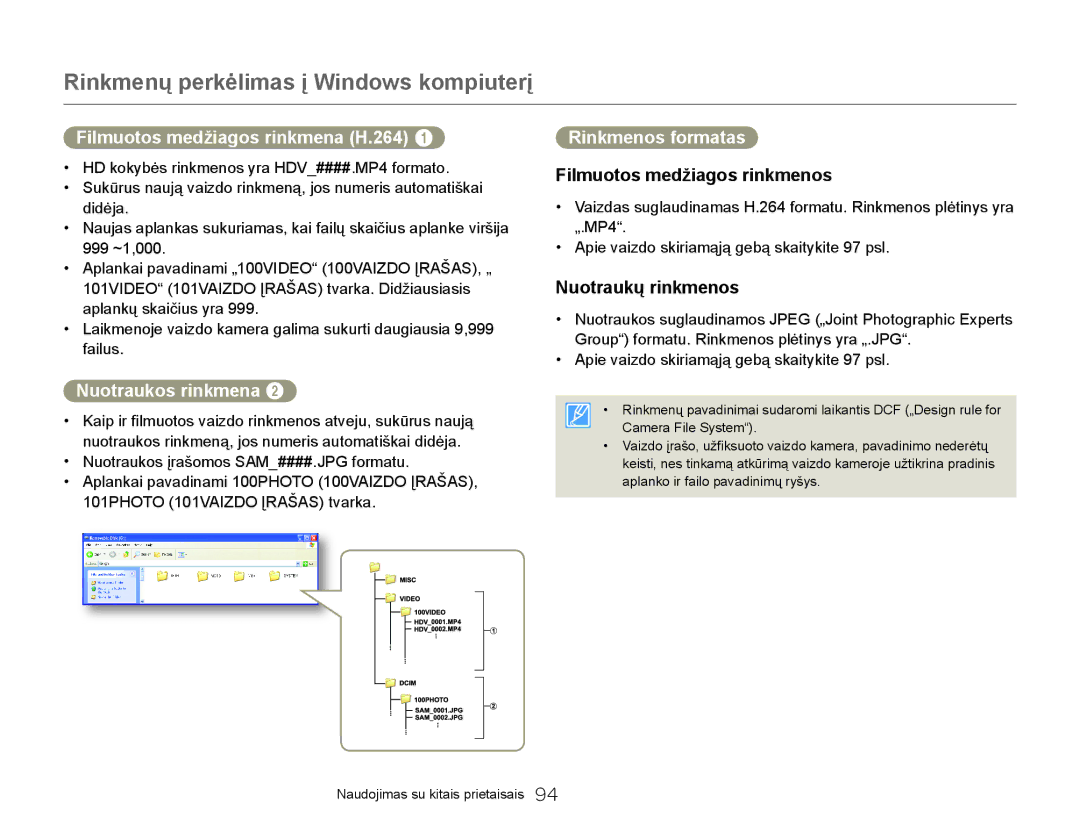 Samsung HMX-Q20BP/EDC manual Filmuotos medžiagos rinkmena H.264, Nuotraukos rinkmena, Rinkmenos formatas 