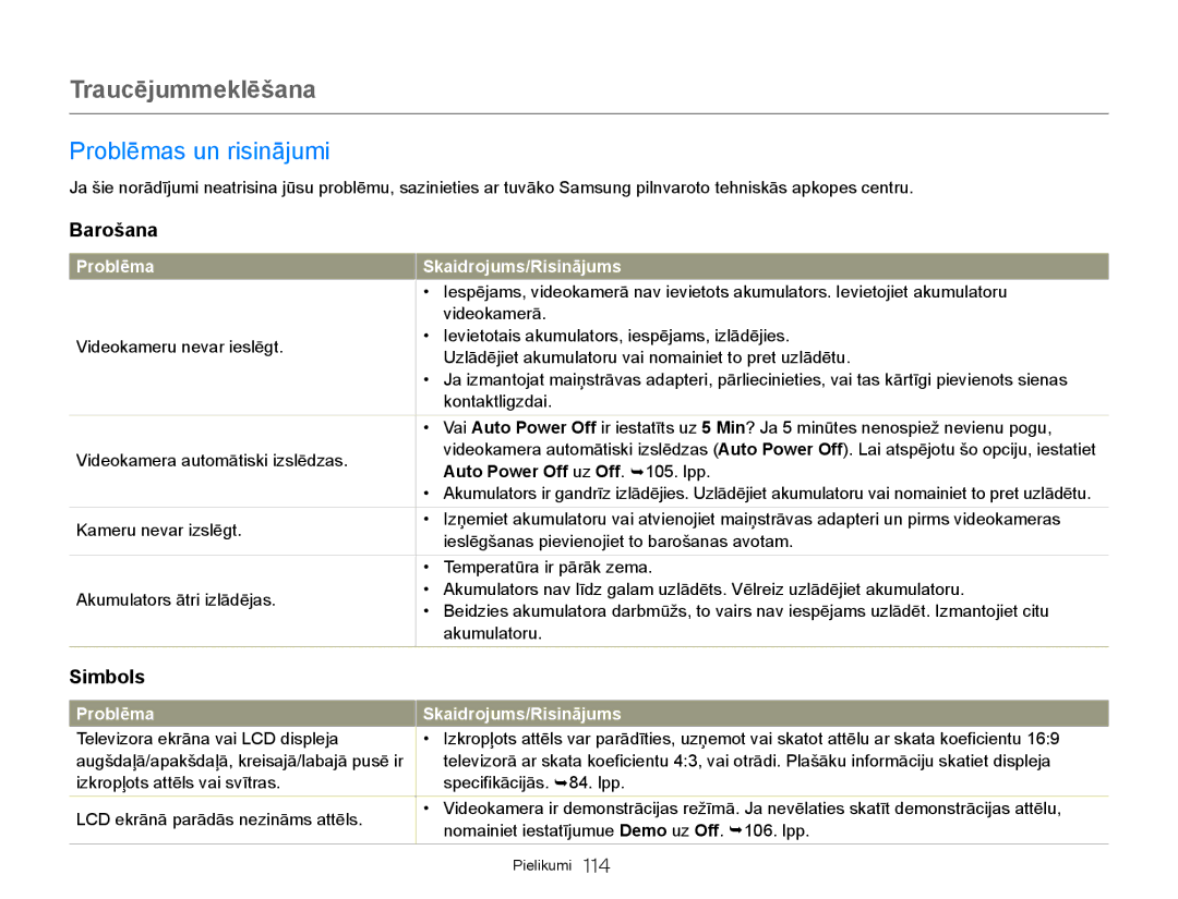 Samsung HMX-Q20BP/EDC manual Problēmas un risinājumi, Barošana, Simbols, Problēma Skaidrojums/Risinājums 