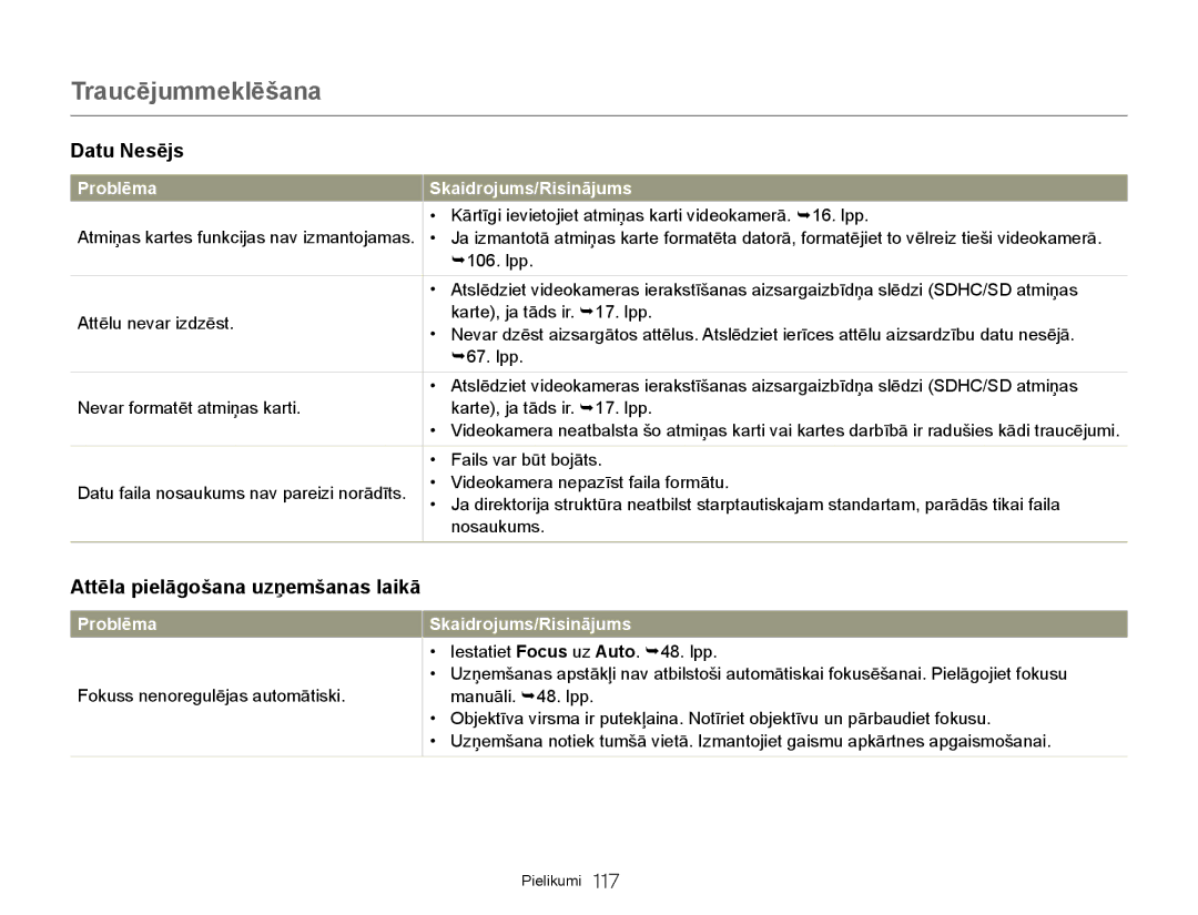 Samsung HMX-Q20BP/EDC manual Attēla pielāgošana uzņemšanas laikā, Problēma, Fokuss nenoregulējas automātiski 