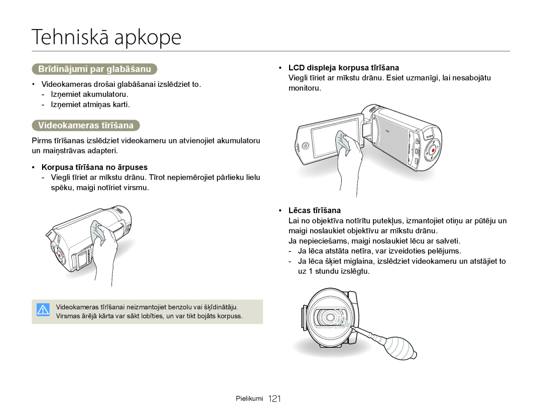 Samsung HMX-Q20BP/EDC manual Tehniskā apkope, Brīdinājumi par glabāšanu, Videokameras tīrīšana 