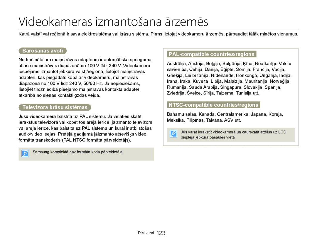 Samsung HMX-Q20BP/EDC manual Videokameras izmantošana ārzemēs, Barošanas avoti, Televizora krāsu sistēmas 