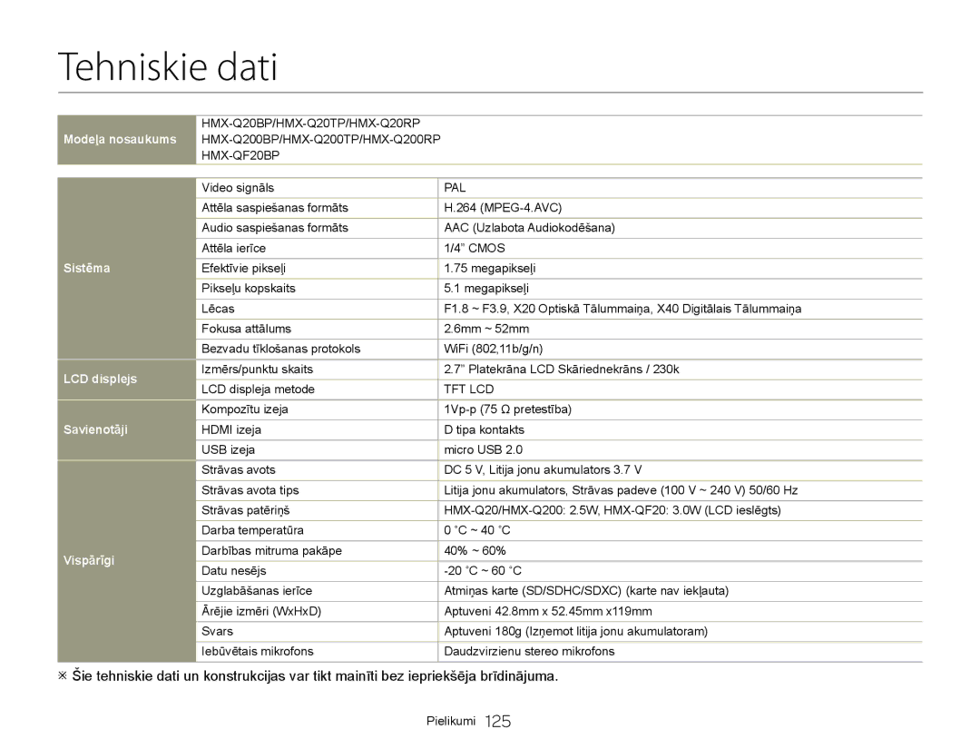 Samsung HMX-Q20BP/EDC manual Tehniskie dati, Sistēma LCD displejs Savienotāji Vispārīgi 