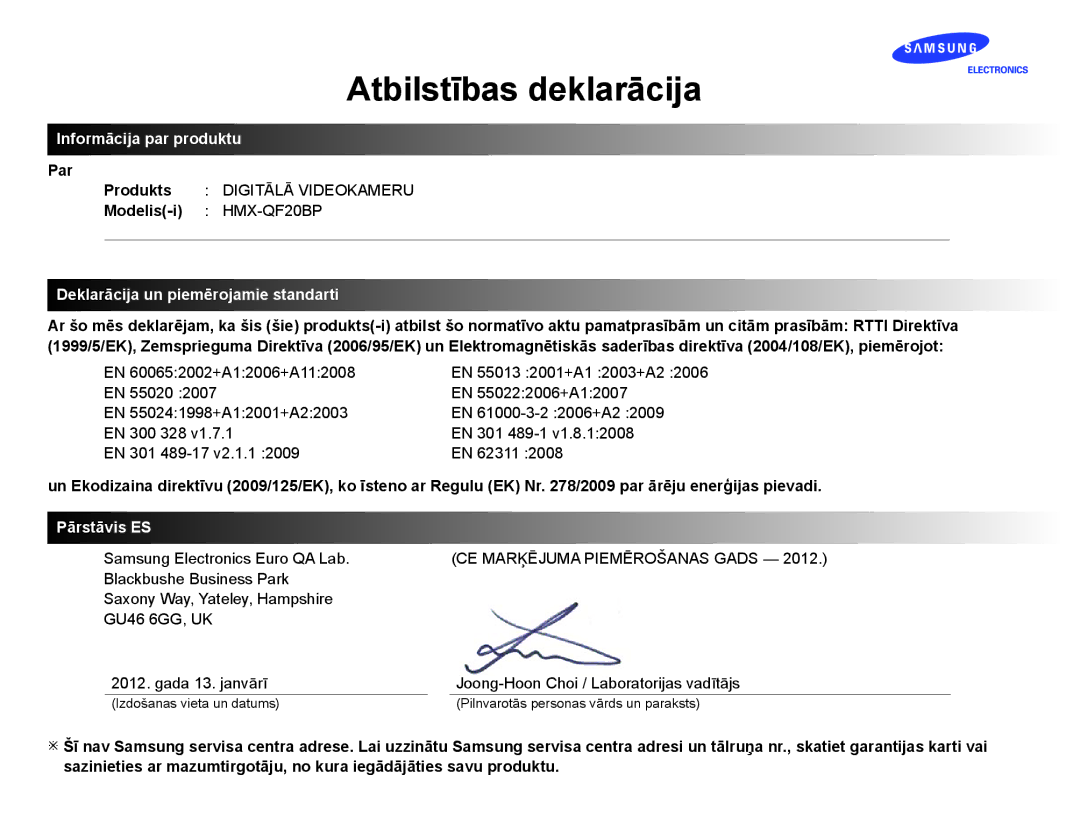 Samsung HMX-Q20BP/EDC manual Informācija par produktu, Par, Modelis-i HMX-QF20BP, Deklarācija un piemērojamie standarti 