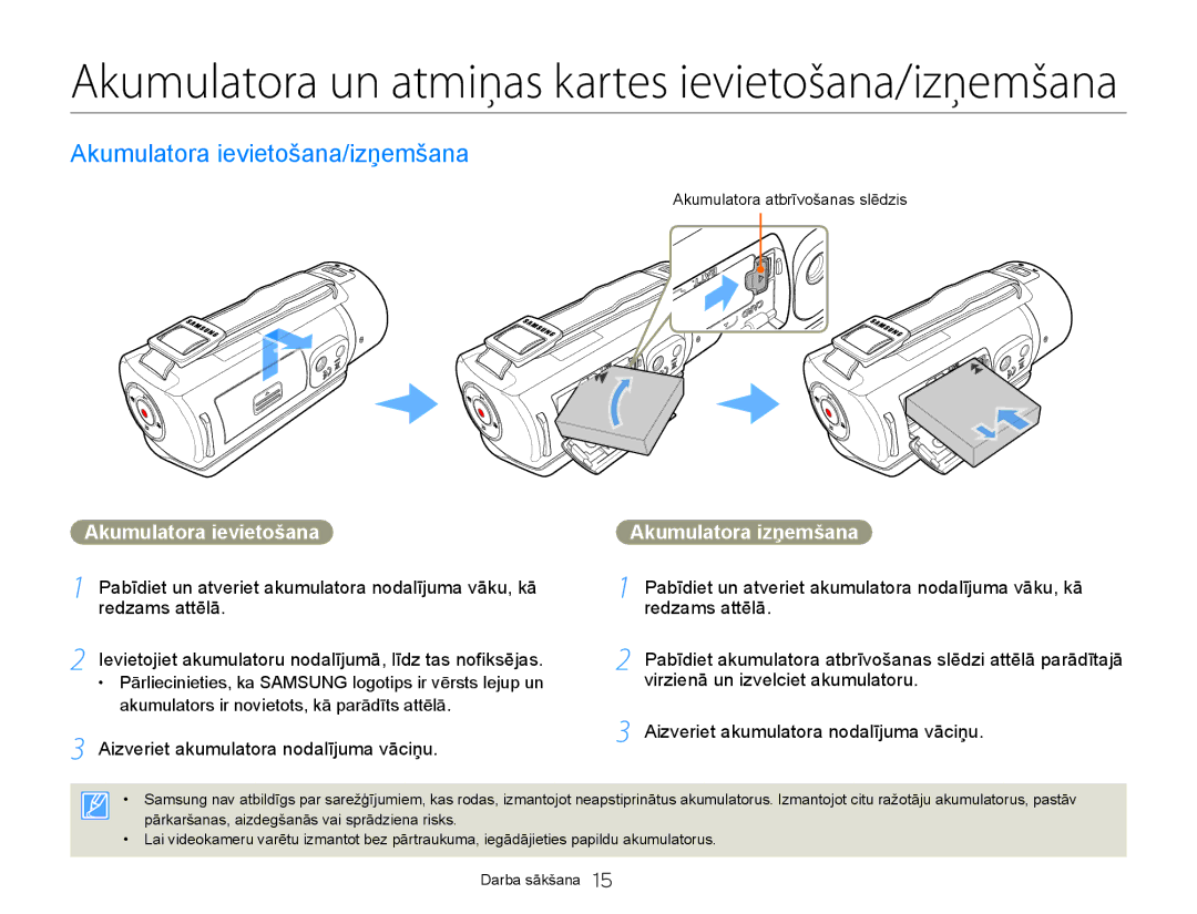 Samsung HMX-Q20BP/EDC Akumulatora ievietošana/izņemšana, Akumulatora izņemšana, Aizveriet akumulatora nodalījuma vāciņu 