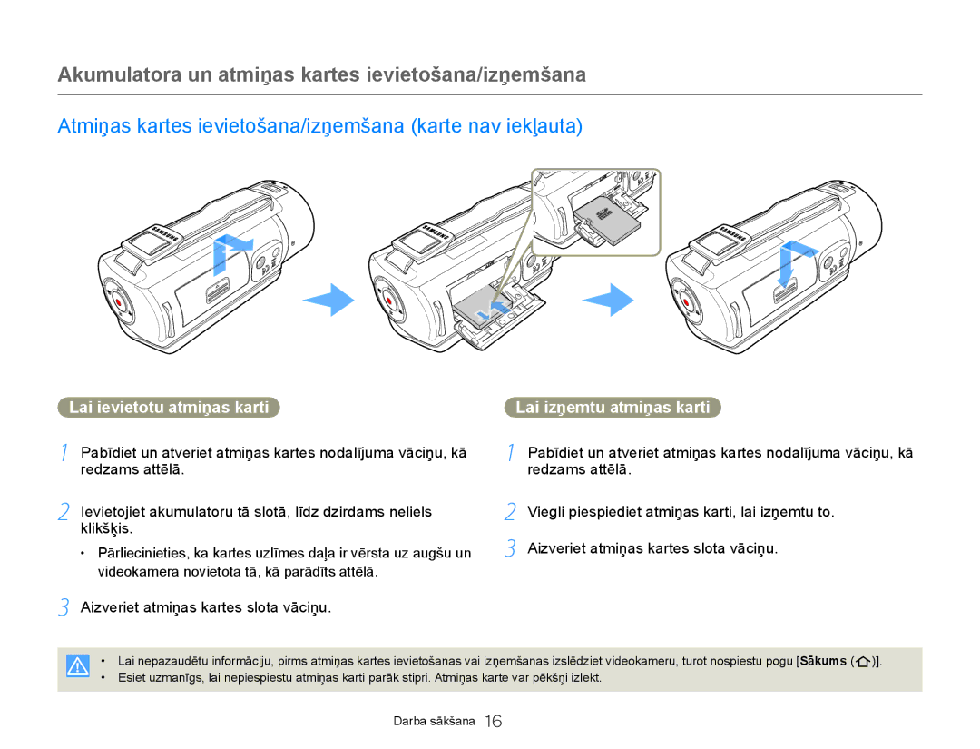 Samsung HMX-Q20BP/EDC manual Akumulatora un atmiņas kartes ievietošana/izņemšana, Lai ievietotu atmiņas karti 