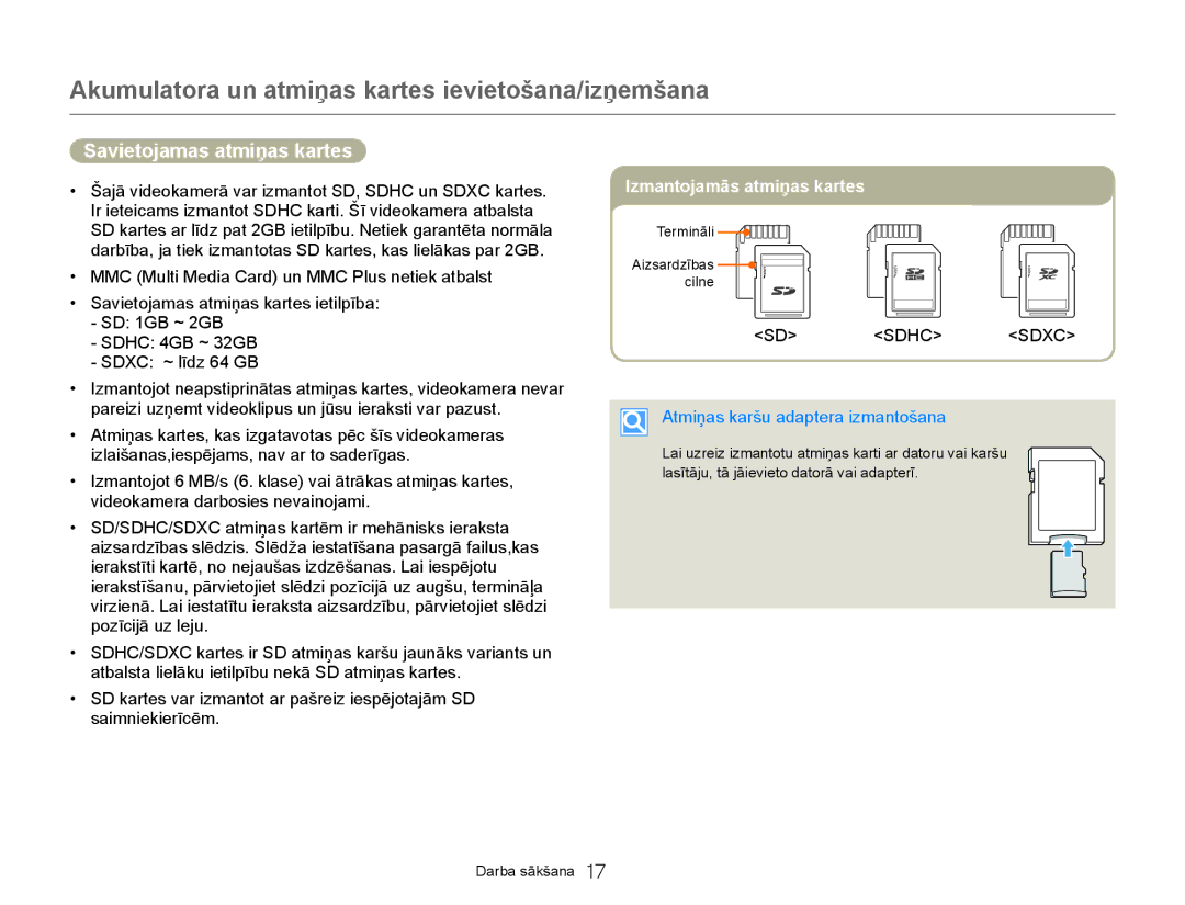 Samsung HMX-Q20BP/EDC manual Akumulatora un atmiƼas kartes ievietošana/izƼemšana, Savietojamas atmiƼas kartes 