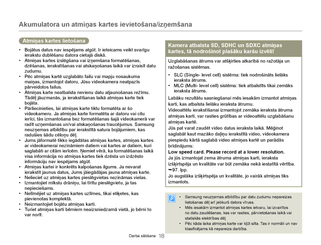 Samsung HMX-Q20BP/EDC manual Atmiņas kartes lietošana, Low speed card. Please record at a lower resolution 