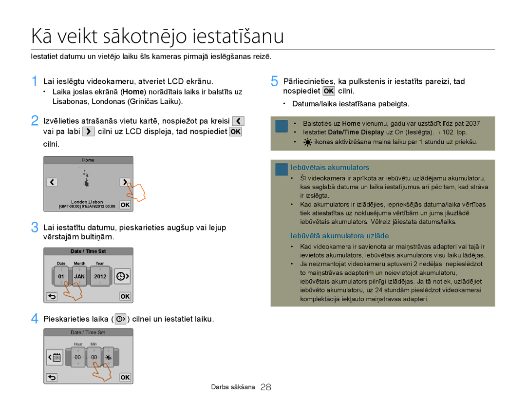 Samsung HMX-Q20BP/EDC manual Kā veikt sākotnējo iestatīšanu, Pieskarieties laika cilnei un iestatiet laiku 