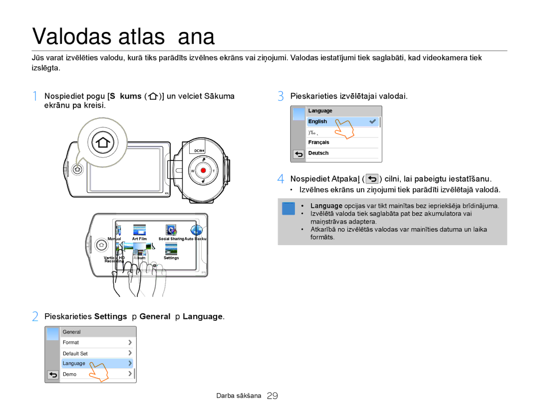 Samsung HMX-Q20BP/EDC manual Valodas atlasīšana, Nospiediet pogu Sākums un velciet Sākuma ekrānu pa kreisi 