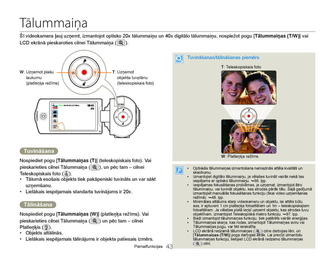 Samsung HMX-Q20BP/EDC manual Tālummaiņa, Tālināšana, Tuvināšanas/tālināšanas piemērs 