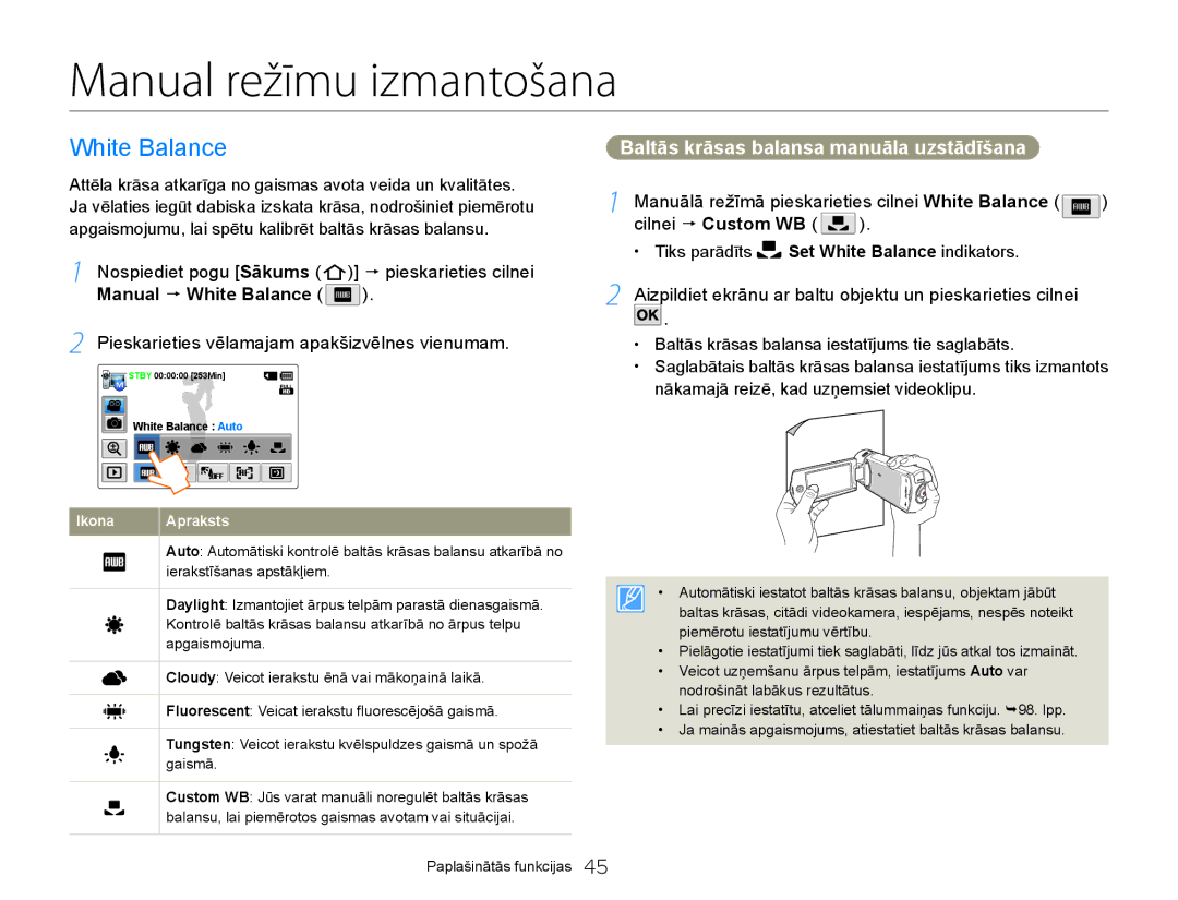 Samsung HMX-Q20BP/EDC manual Manual režīmu izmantošana, White Balance, Baltās krāsas balansa manuāla uzstādīšana 