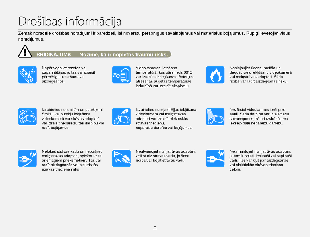 Samsung HMX-Q20BP/EDC manual Drošības informācija, Brīdinājums Nozīmē, ka ir nopietns traumu risks 