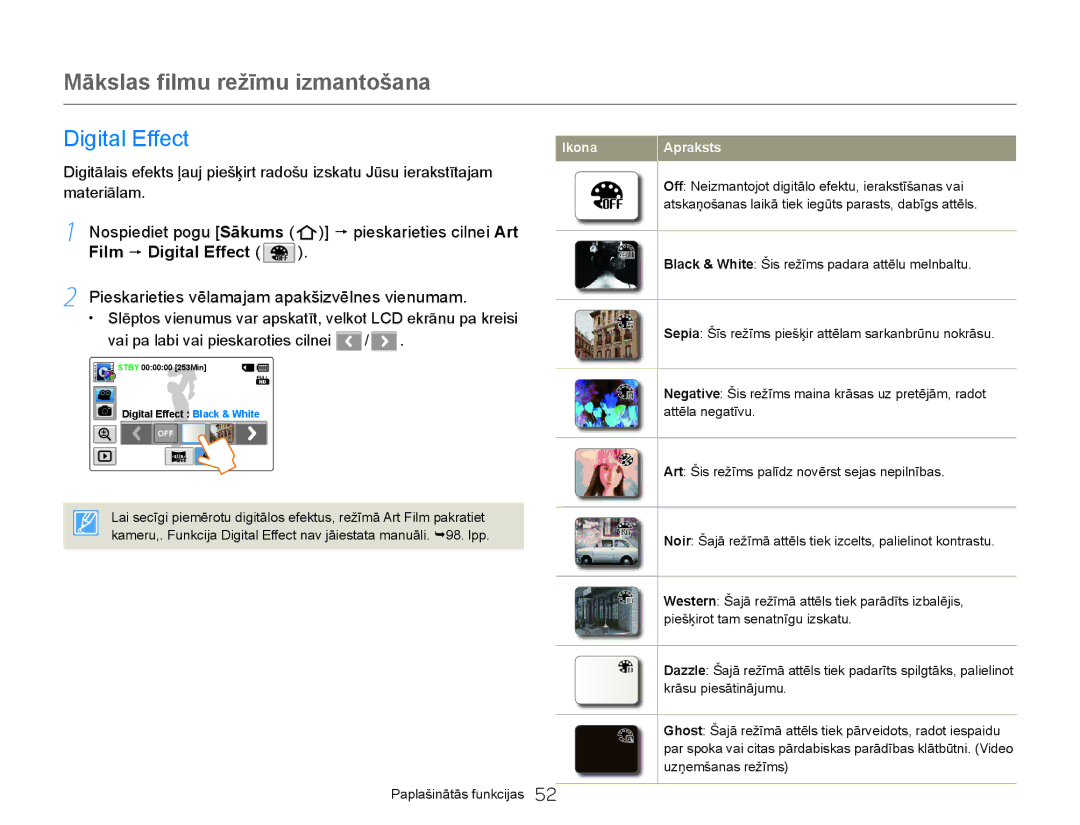 Samsung HMX-Q20BP/EDC manual Mākslas filmu režīmu izmantošana, Film p Digital Effect 