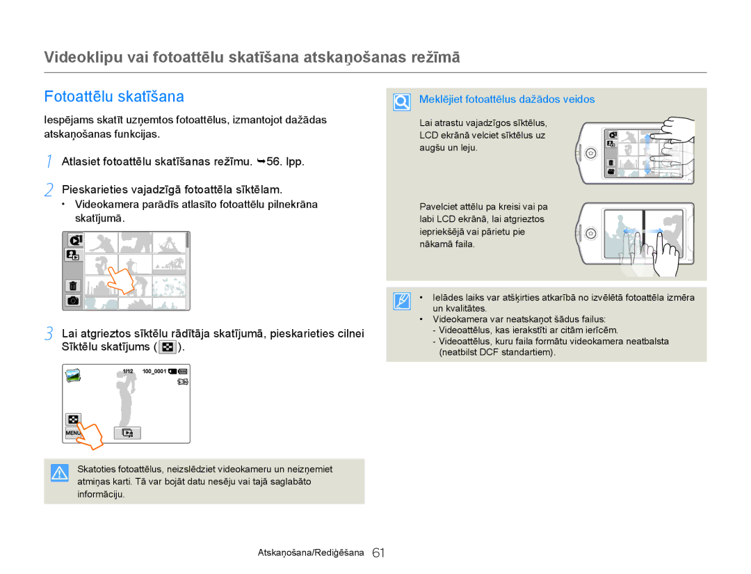 Samsung HMX-Q20BP/EDC manual Fotoattēlu skatīšana, Meklējiet fotoattēlus dažādos veidos 