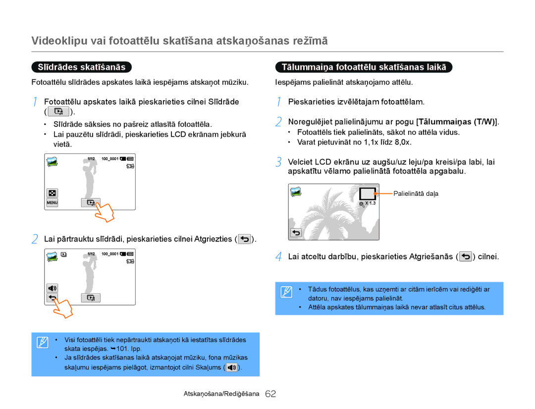 Samsung HMX-Q20BP/EDC manual Slīdrādes skatīšanās, Fotoattēlu apskates laikā pieskarieties cilnei Slīdrāde 