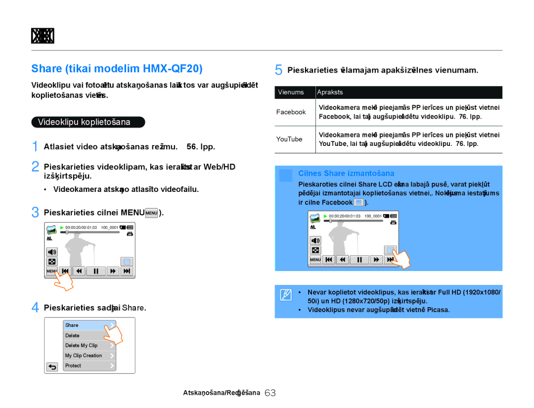 Samsung HMX-Q20BP/EDC manual Videoklipu un fotoattēlu rediģēšana, Share tikai modelim HMX-QF20, Videoklipu koplietošana 