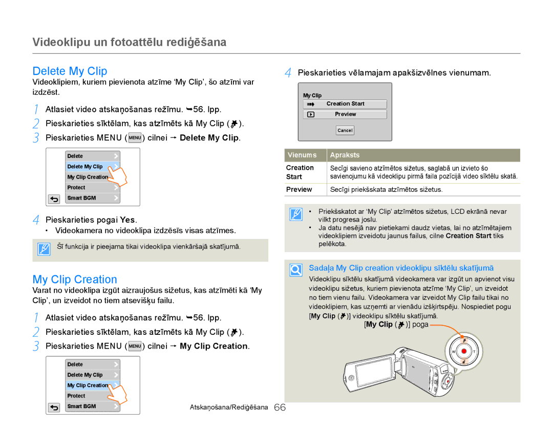 Samsung HMX-Q20BP/EDC manual Delete My Clip, My Clip Creation, Videokamera no videoklipa izdzēsīs visas atzīmes 