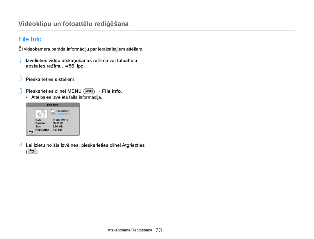 Samsung HMX-Q20BP/EDC manual File Info, Attēlosies izvēlētā faila informācija 