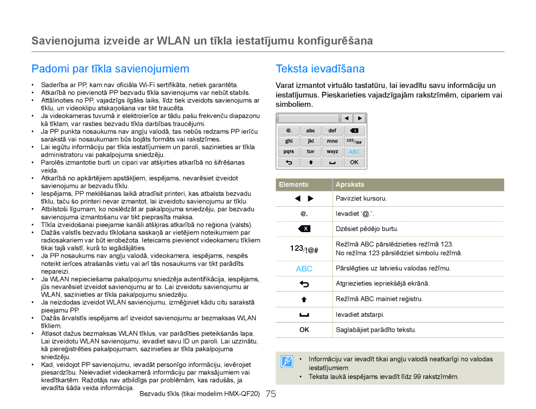 Samsung HMX-Q20BP/EDC manual Padomi par tīkla savienojumiem Teksta ievadīšana, Simboliem 