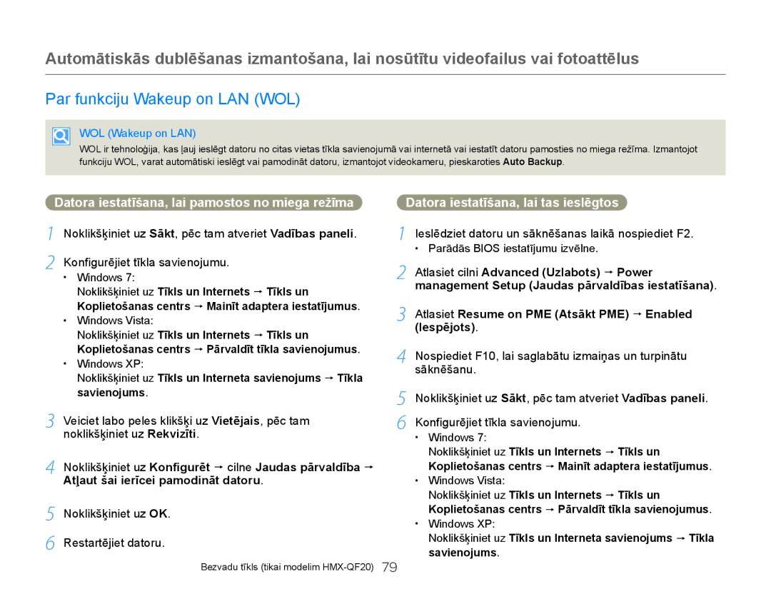 Samsung HMX-Q20BP/EDC manual Par funkciju Wakeup on LAN WOL, Datora iestatīšana, lai pamostos no miega režīma 