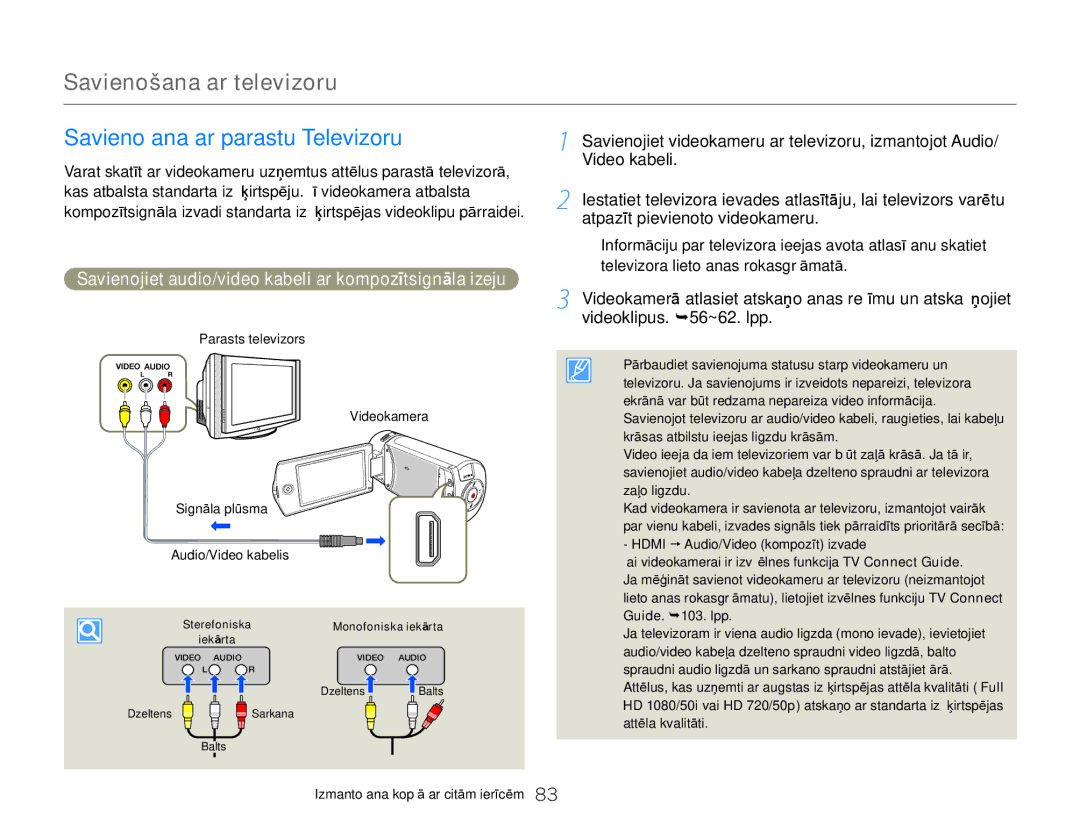 Samsung HMX-Q20BP/EDC manual Savienošana ar televizoru, Savienošana ar parastu Televizoru 