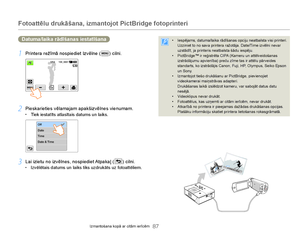 Samsung HMX-Q20BP/EDC manual Fotoattēlu drukāšana, izmantojot PictBridge fotoprinteri, Datuma/laika rādīšanas iestatīšana 