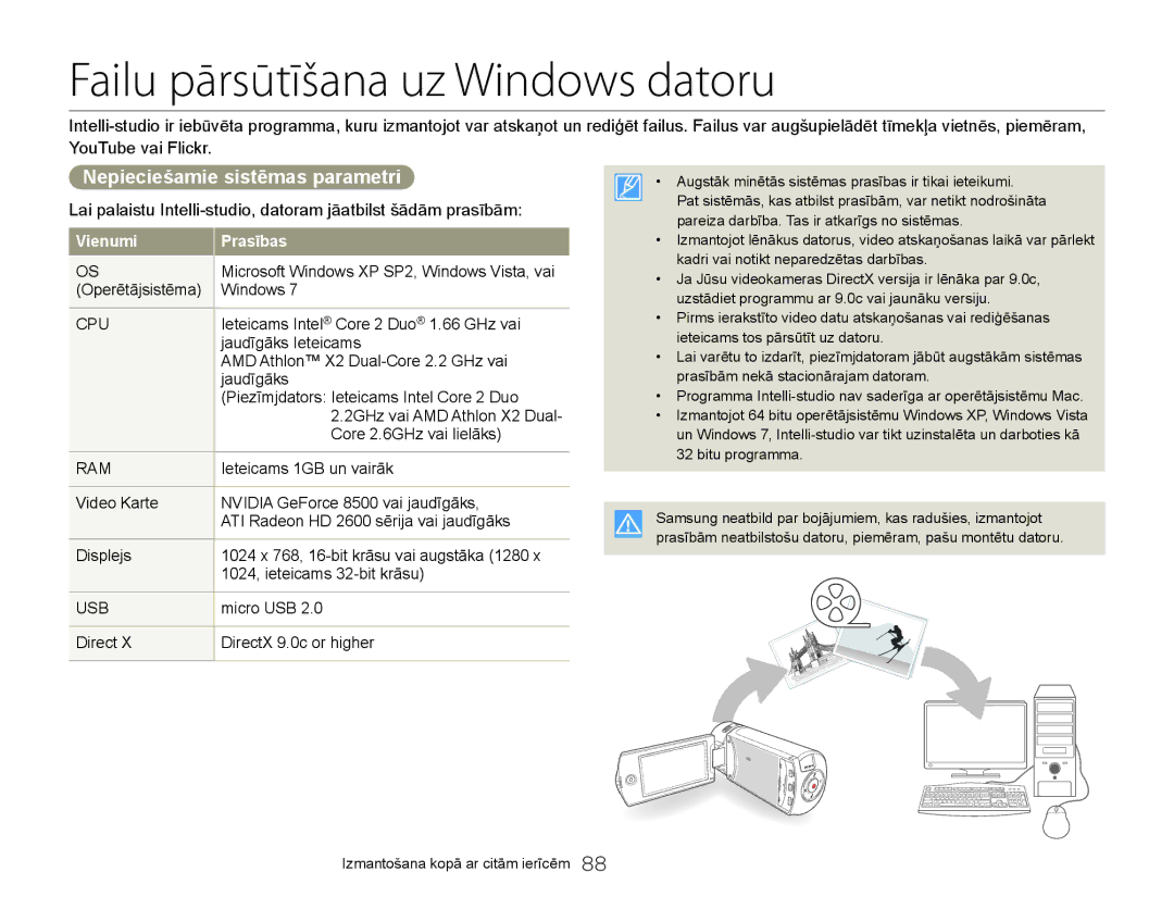 Samsung HMX-Q20BP/EDC manual Failu pārsūtīšana uz Windows datoru, Nepieciešamie sistēmas parametri, Vienumi Prasības 