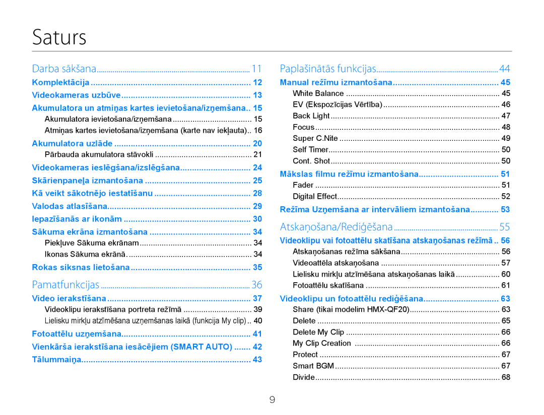 Samsung HMX-Q20BP/EDC manual Saturs, Akumulatora un atmiņas kartes ievietošana/izņemšana 