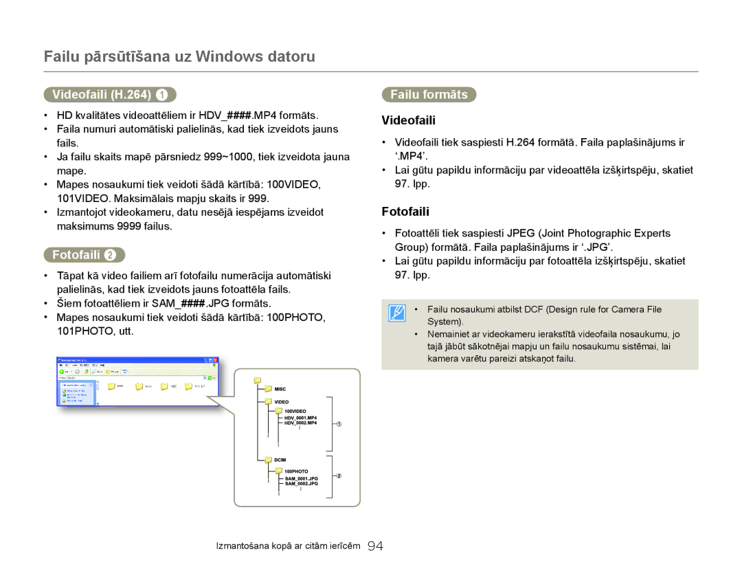 Samsung HMX-Q20BP/EDC manual Videofaili H.264, Fotofaili, Failu formāts 