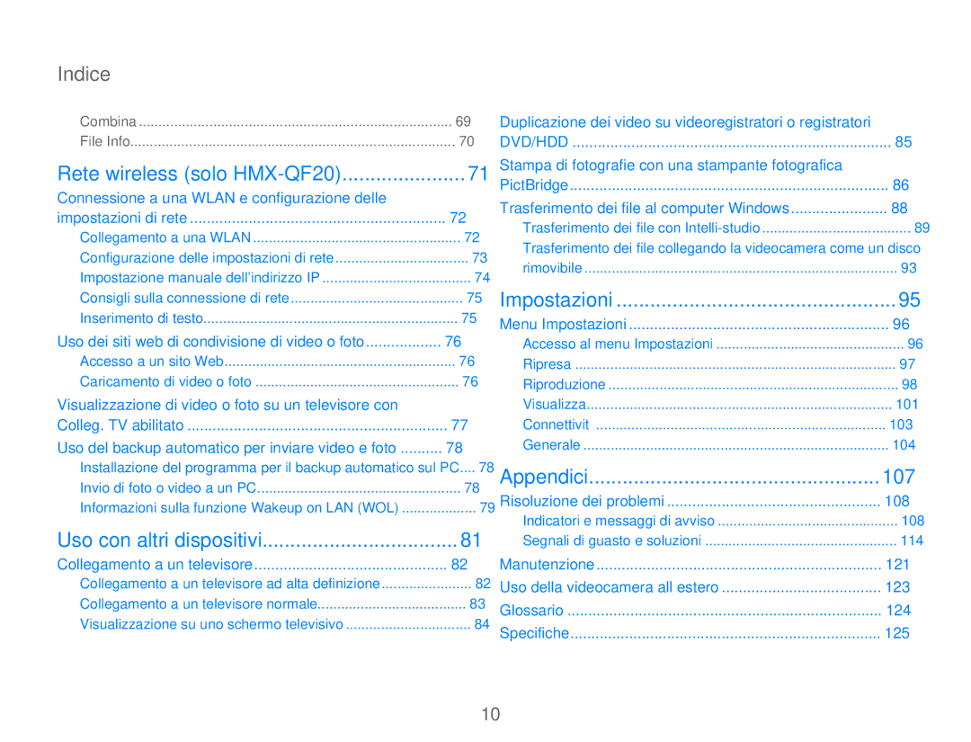 Samsung HMX-Q20BP/EDC, HMX-QF20BP/EDC, HMX-Q20BP/MEA manual Indice, 107, Uso dei siti web di condivisione di video o foto 