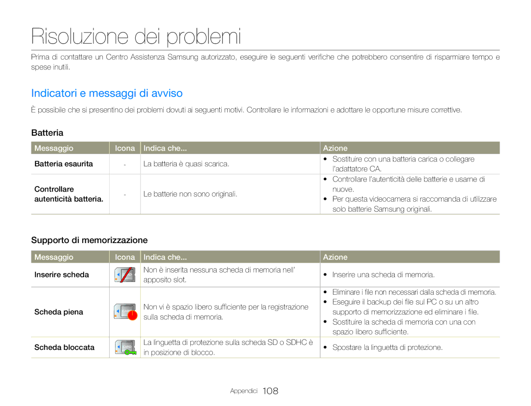 Samsung HMX-QF20BP/EDC Risoluzione dei problemi, Indicatori e messaggi di avviso, Batteria, Supporto di memorizzazione 