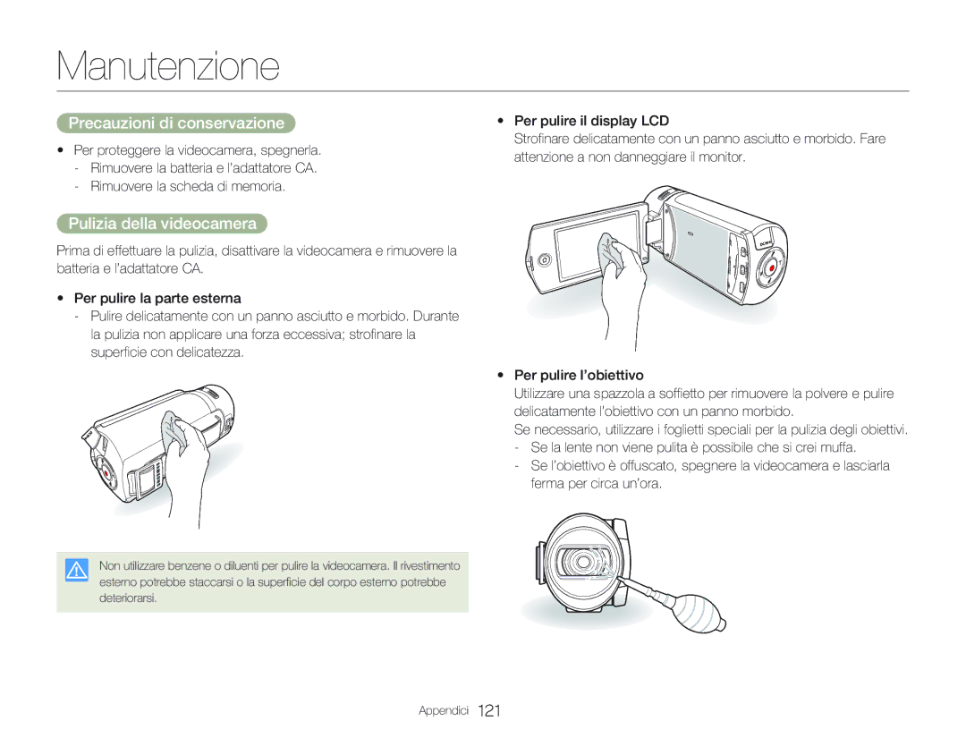 Samsung HMX-Q20BP/EDC, HMX-QF20BP/EDC, HMX-Q20BP/MEA Manutenzione, Precauzioni di conservazione, Pulizia della videocamera 