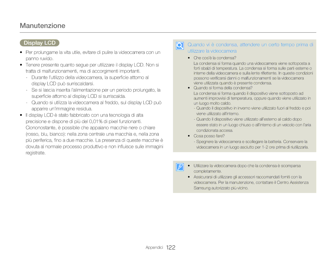 Samsung HMX-Q20BP/MEA, HMX-QF20BP/EDC, HMX-Q20BP/EDC manual Manutenzione, Display LCD 